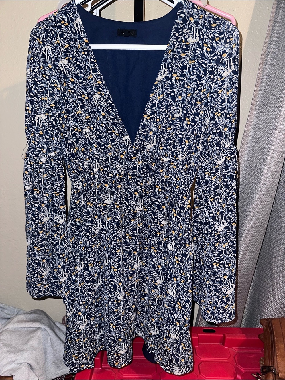 Navy Floral V-Neck Long Sleeve Dress with Elastic Waist